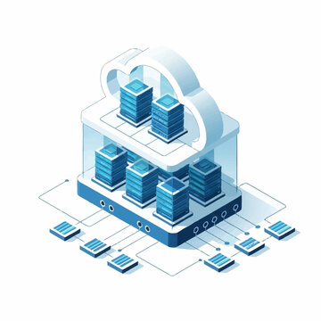 Cloud computing server rack with data storage and network connections.
