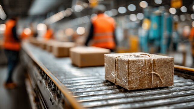 Cardboard boxes moving on a conveyor belt in a busy warehouse distribution center with workers in the background
