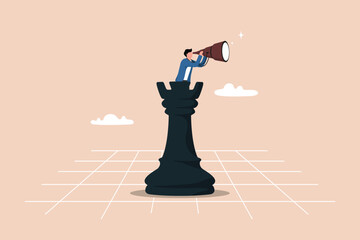 Success strategies, forward planning to win business competition, leadership vision or looking for opportunities, business leaders stand on the rook chess pieces with binoculars to look ahead. © NASIH