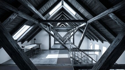 Fototapeta premium Modern Interior Staircase Design with Exposed Wooden Trusses
