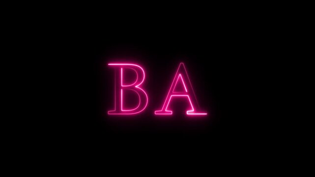 Pink neon letters ba blinking on black background for digital display typography and glowing logo design