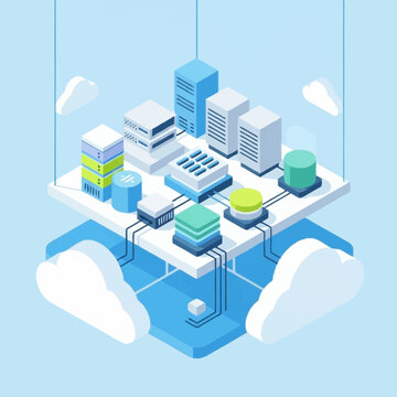 Modern cloud computing data center infrastructure isometric illustration.