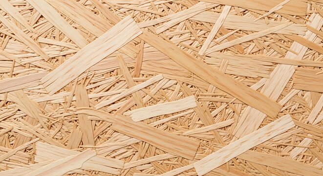 A close up view of oriented strand board texture with many light and dark brown wooden flakes