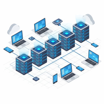 Modern computer network connecting servers and devices.