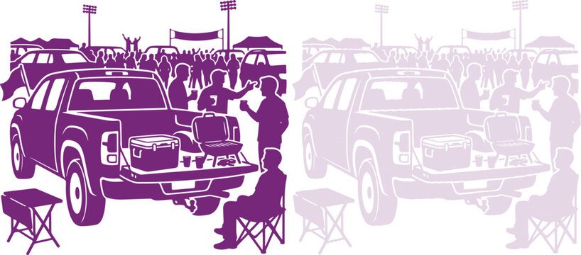 Tailgate Party Silhouette with Pickup Truck and People Socializing in Purple Vector Illustration American Occassion