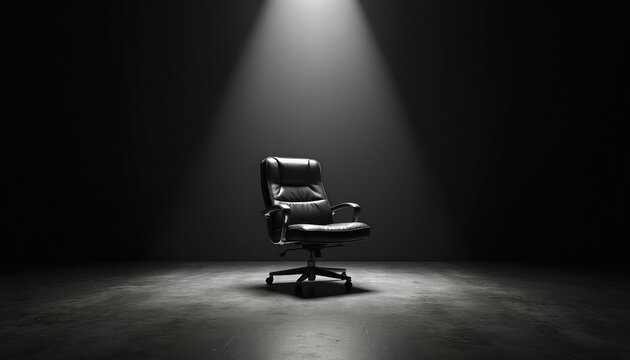 Empty leather office chair sits alone under spotlight on dark stage. Represents vacant job position career opportunity and leadership vacancy. Ready for new hire.