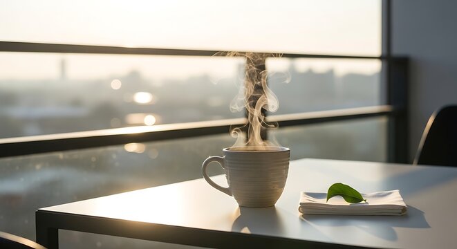 Fresh green plant growing out of a ceramic coffee cup on a table in a bright modern office building. kaffe pause 