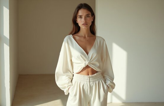 Young woman in elegant cream outfit poses indoors. She wears stylish matching trousers and a knotted blouse. Her hands are in her pockets, her gaze is direct.