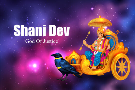 Shani Dev Hindu God of Justice Riding Chariot with Crow Vector Illustration