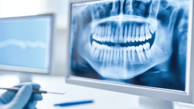 Detailed dental oral x-ray image displayed on computer screen showing full jaw and teeth structure for diagnostic and treatment planning in dental care