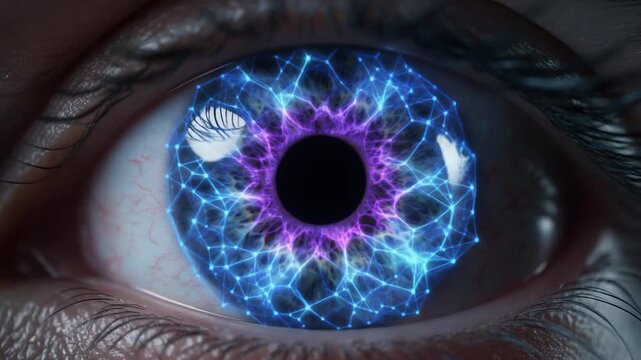 The "Iris" of the Mind. A conceptual macro 3D rendering of a human eye. The iris is not a normal color but is a beautiful complex and glowing blue and purple neural network pattern.
