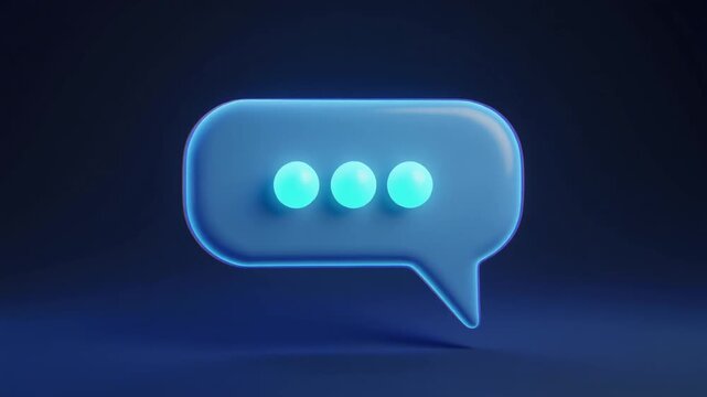 The Loading "Thinking" Dots. A photorealistic 3D macro close-up of a single holographic blank blue speech bubble. Inside the bubble three small cyan orbs of light are pulsing in sequence.
