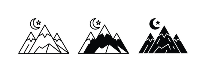 Mountain Range Icons, Crescent Moon and Star Symbols, Vector Graphics for Nature and Celestial Themes © MdZahirul