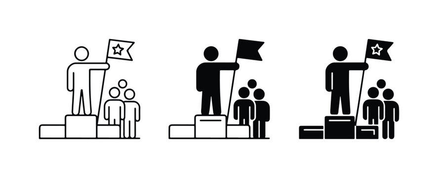 Leadership Icons Set: Winner on Podium with Flag, Teamwork, Success, Achievement, Business Goals, Victory, Top Position