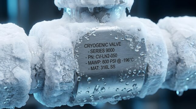 Close-up of a stainless steel cryogenic valve covered in ice and frost with illegible text on its label