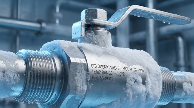 Close-up of frosty stainless steel cryogenic valve