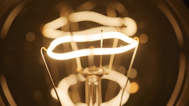 Close up of a glowing incandescent light bulb filament heating up.