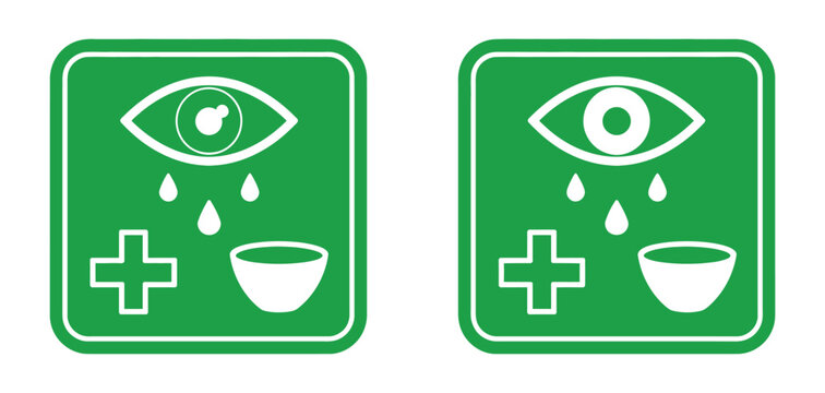 Emergency Eye Wash and Shower sign with first aid eyewash station, safety showerhead symbols and safe condition logo collection.