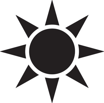 Black sun with a circular center and eight sharp triangular rays on a clean white background, area star
