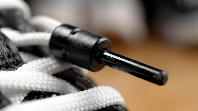 Closeup Macro Shot of a Black Aglet on a White Shoelace.