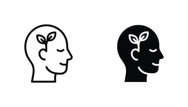 Growth Mindset Icons, Seedling Sprouting from Head Silhouette, Personal Development Concept, Black and White Vector Graphics for Inspiration and Learning