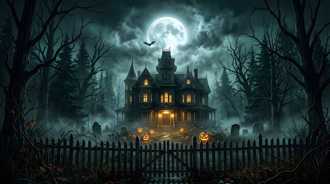 Haunted victorian mansion at night with jack o' lanterns and full moon spooky halloween scene