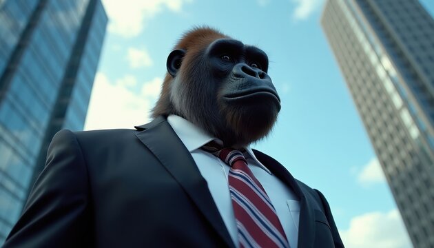 Gorilla in business suit stands outside tall skyscrapers under blue sky. Powerful animal represents strength confidence and corporate leadership success in finance industry.