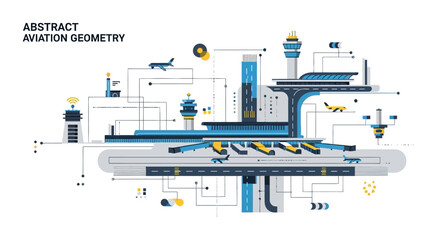 Abstract aviation geometry illustration with airport elements. © HARTI