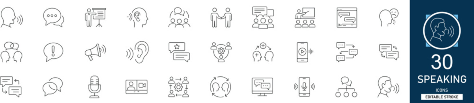 Speaking and communication line icon set with 30 icons speech bubble, microphone, megaphone, podium, talk, voice, lecture, presentation. Clean linear vector, editable stroke for web.