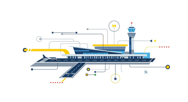 Airplane terminal with control tower illustration.