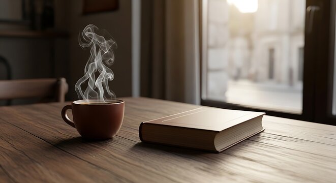 A steaming hot cup of coffee with a closed book sitting on a wooden table in a quiet home room area. kaffe pause 