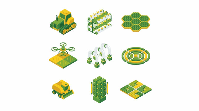 Set of isometric icons representing modern agricultural technology and farming equipment.