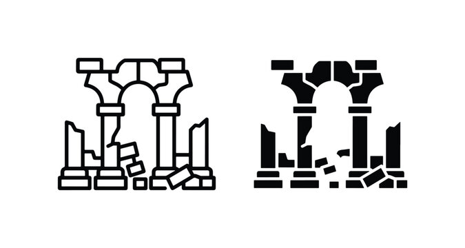 Ancient Ruined Architecture Icons, Broken Columns and Arches, Historical Building Fragments, Classical Structure Demolition, Vintage Monumental Decay