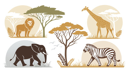 Obraz premium Lion elephant giraffe zebra animal icons.
