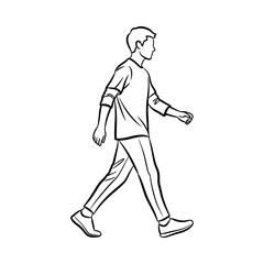 Obraz premium Young man walking casually in a relaxed pose, wearing a long-sleeve shirt and pants, side view