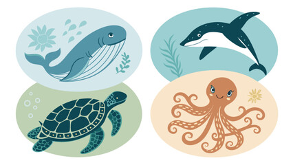 Whale dolphin turtle octopus sea creatures. © PixelVector Lab