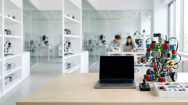 Modern educational robotics kit with laptop and programmable toy robot on wooden desk in a bright school laboratory for STEM learning
