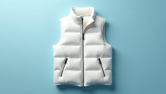 White puffer vest with zip front and pockets. Padded sleeveless jacket for men or women. Modern outerwear fashion item. Casual winter clothing object. Clean isolated garment.