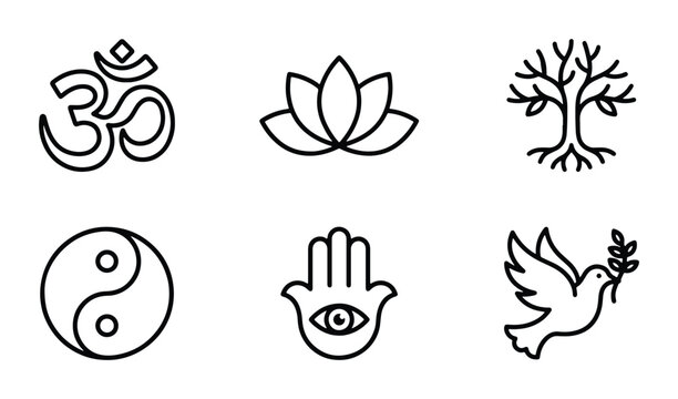 Spiritual Symbols Collection: Om, Lotus, Tree of Life, Yin Yang, Hamsa, Dove Icons, Vector Graphics for Wellness and Harmony