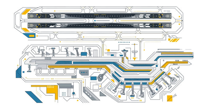 A futuristic circuit board design with blue and yellow lines.