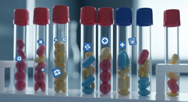 Laboratory tubes filled with pills of various colors and shapes, medical symbols visible