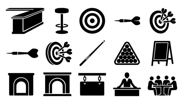 Irish Pub Interior and Hospitality Service Black Silhouette Icon Set