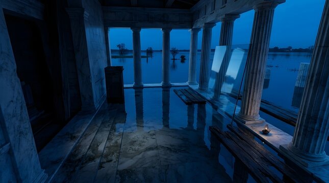 Ancient ruins pavilion overlooking serene misty lagoon at dusk