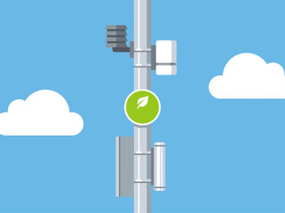 A sleek, modern environmental monitoring smart pole stands against a blue sky with fluffy clouds. It features sensors and a green leaf logo, promoting clean air. Professional, clear composition. © Vector Factory