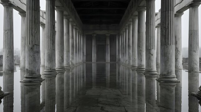 Grand Neoclassical Colonnade Hallway with Reflective Marble Floor