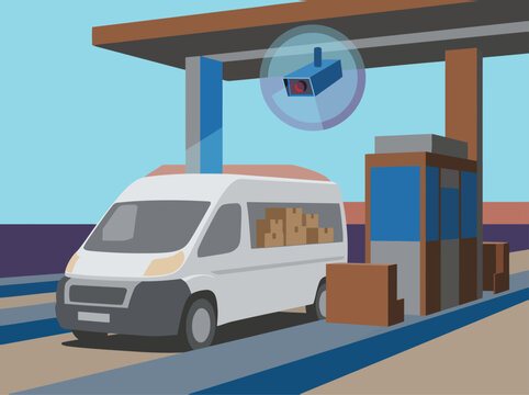 A white van passes under an automated toll plate recognition system. Modern toll plaza design with a clear, bright illustration style. Suitable for business and transportation themes.