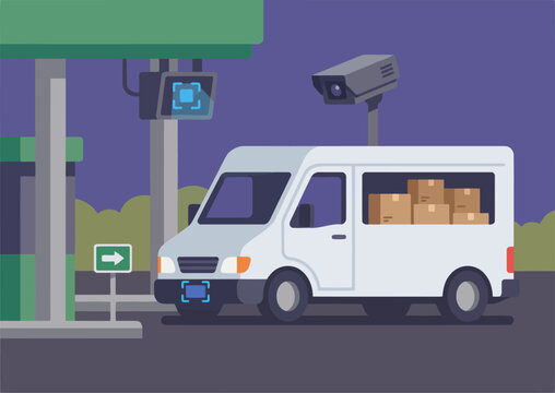 A white van passes through an automated toll plaza at night. The system uses plate recognition technology. Modern, graphic illustration.