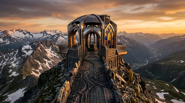 Mystic ancient temple structure on rugged mountain summit at sunset
