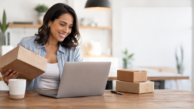 Woman receiving parcel while checking online order on laptop
