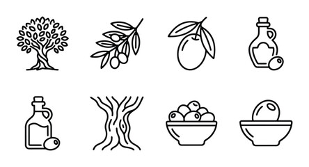 Olive Tree Icons, Olive Branch Vector Graphics, Olive Oil Bottle Illustrations, Mediterranean Food Elements, Organic Produce Symbols, Healthy Ingredient Line Art © Salman